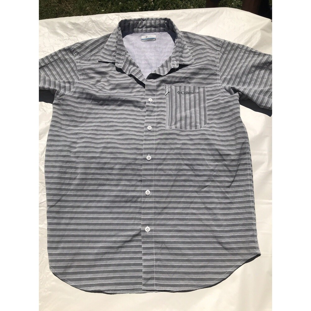 COLUMBIA Mens Medium Shirt Gray Striped Zippered Pocket Vented Back - Picture 2 of 7